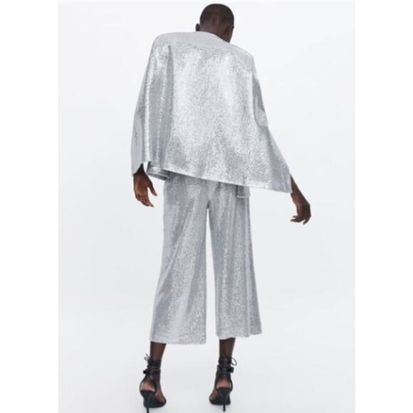 Zara Silver Sequin Cape & High-Rise Culottes Cropped Pants Set NWT- Size S - Picture 3 of 12
